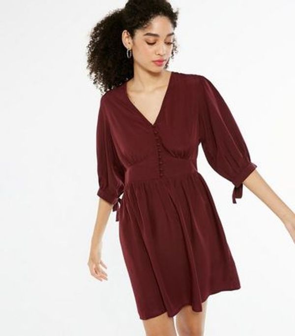 HALF PRICE! Burgundy Button Front V Neck Mini Dress