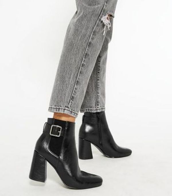 HALF PRICE! Black Buckle Flared Block Heel Chelsea Boots