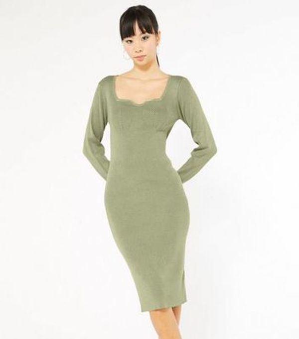 HALF PRICE! Khaki Knit Sweetheart Neck Midi Dress