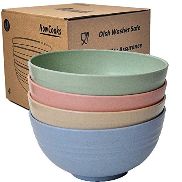 Save £1.00 - Unbreakable Large Cereal Bowls 24oz Wheat Straw Degradable Bowl Set 4- Microwave & Dishwasher Safe - Eco Friendly - Ideal Alternative to Melamine (Mixed, Large)