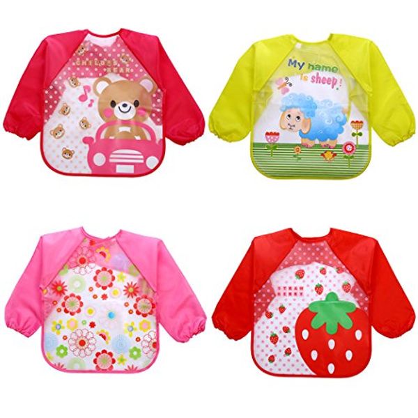 Save 30% - Fascigirl Baby Bibs with Sleeves,4PCS Unisex Baby Waterproof Long Sleeve Bib Feeding Bibs Cartoon Animal Drool Bib Art Apron Smock Long Sleeved Bib for Infants Toddlers Boys Girls (Red, Yellow)