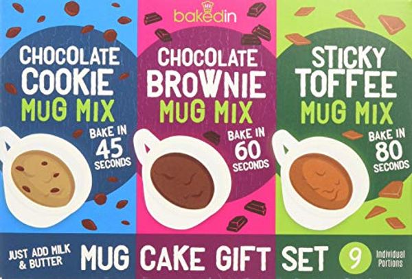 Save £0.55 - Bakedin Mug Cake Gift Set, 505g - 9 Mug Cake mixes (3 Mug Brownie mixes, 3 Mug Cookie mixes, 3 Sticky Toffee Mug Pudding mixes) - top Quality Ingredients - Belgian Chocolate, Award Winning Flour,