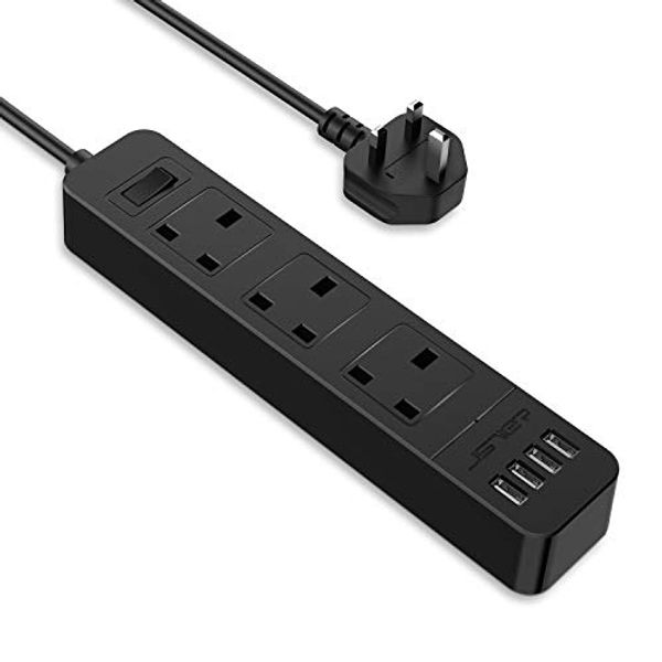 Save £1.01 - JSVER Extension Lead with 4 USB Ports Desktop Power Strip Smart Charging Station 3 Outlets Surge Protection for Home Travel, Black