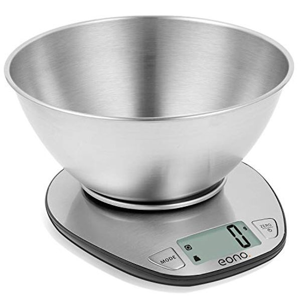Save £2.70 - Eono by Amazon - Electronic Kitchen Scale Premium Large Display Backing Scale Wet and Dry Food Weighing Scale with Stainless Steel Mixing Bowl - 11lb/5kg