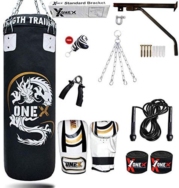 Save £5.00 - ONEX 3ft Punch Bag Set Heavy Filled Boxing Training Punching Gloves Fighting Hanging 13pcs Bracket Chains set