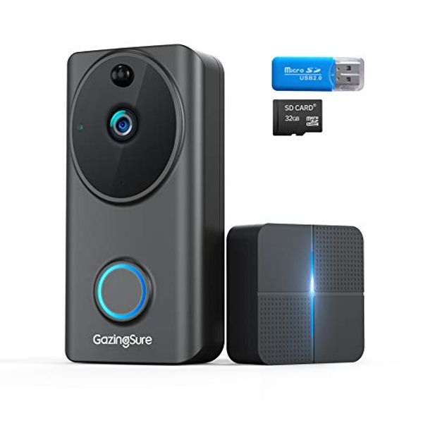 Save £6.00 - GazingSure Video Doorbell Wireless - 1080P FHD Smart WiFi Door View Home Security Doorbell Camera with Indoor Chime, 32GB Card & Reader, Cloud Storage, 2-Way Audio, Human Detection