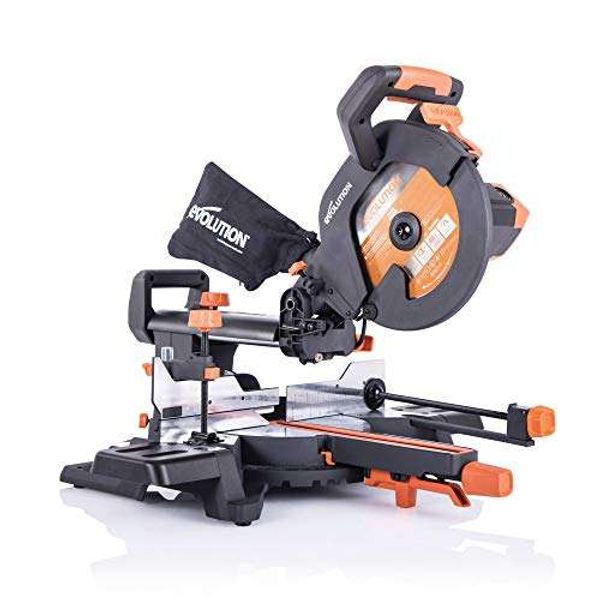 Save £35.85 - Evolution Power Tools R255SMS+ Compound Saw with Multi-Material Cutting, 45° Bevel, 50° Mitre, 300 mm Slide, 2000 W, 255 mm, 220-240 V, (3-Years Warranty)