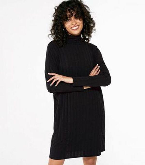 Save 48% - Black High Neck Ribbed Batwing Tunic Dress
