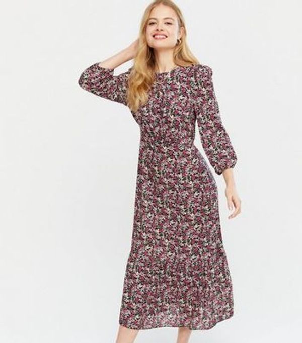 HALF PRICE! Black Floral Tiered Midi Dress