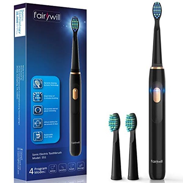 Sonic Electric Toothbrush,Electric Toothbrush for Adults with 4 Modes 4 Hours’ Charge Lasts 30 Days’ Use, 2 Mins Smart Timer and 2 Brush Heads Black Fairywill