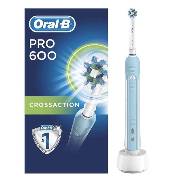 Save 54% - Oral-B Pro 600 CrossAction Electric Rechargeable Toothbrush Powered by Braun, 1 Handle, 1 Toothbrush Head, 2 Pin UK Plug
