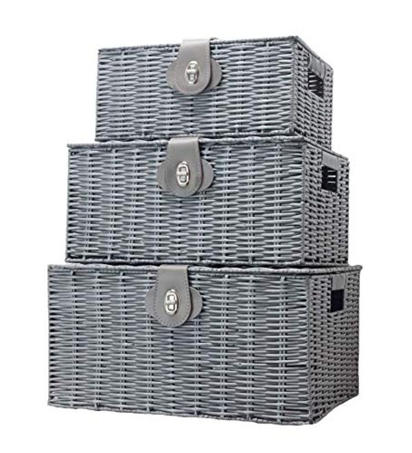 Vencier Set of 3 Resin Woven Wicker Storage Basket Box with Lid & Lock, Grey, Large, Medium, Small (Grey)