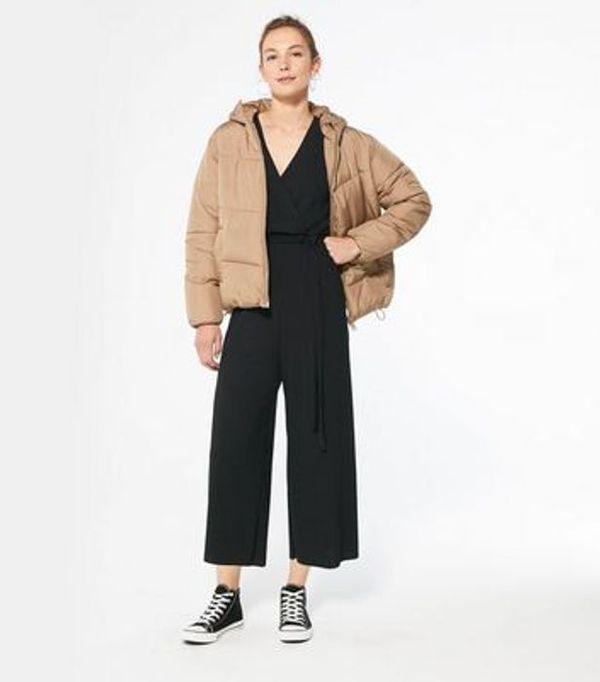 Black Ribbed Belted Wrap Jumpsuit
