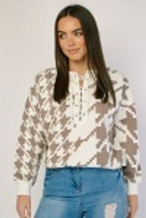 LACE UP FRONT HOUNDSTOOTH SWEATSHIRT