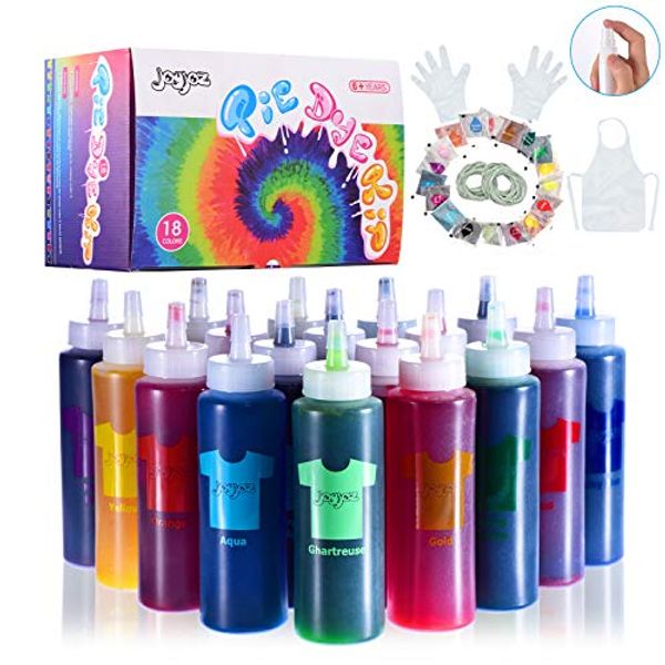 Joyjoz tie dye kit kids, 18 Colors Permanent All-in-1 Tie Dye Set with 18 Bag Pigments, Rubber Bands, Gloves, Apron and Table Covers for Craft Arts Fabric Textile Party DIY Handmade