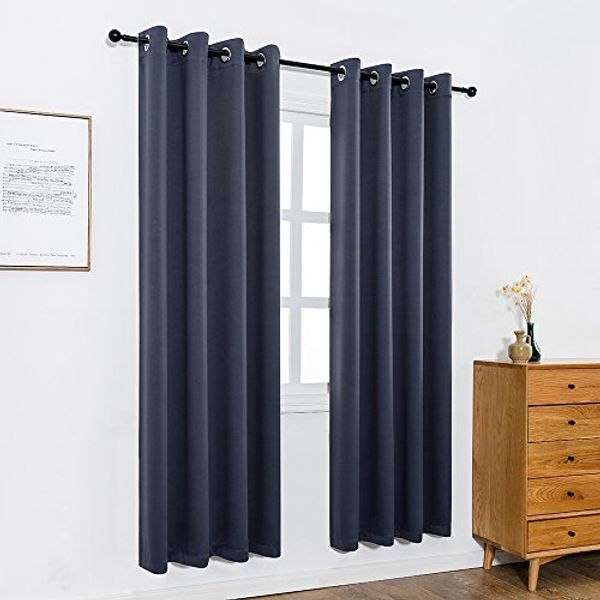 Anjee Eyelet Blackout Thermal Insulated Curtains 2 Panels 46 x 90 inch for Living Room/Bedroom/Nursery with 2 Matching Tie Backs Navy Blue