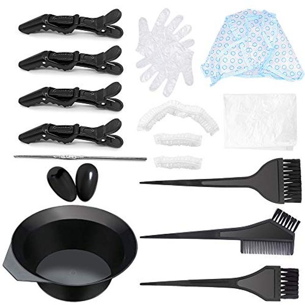 Save 25% - 18Pcs Hair Dye Tools, Hair Colouring Tools Set, DIY Salon including Hair Tinting Bowl, Dye Brush, Ear Cover, Hair Highlighting Cap, Hair Clip Kits