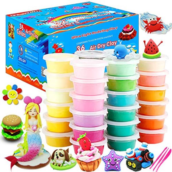 Save 42% - ESAND Air Dry Clay, 36 Colors Modeling Clay Best Gift for Kids, Ultra Light Magic Modeling Clay with Modeling Tools and Project, No-Sticky and Non-Toxic
