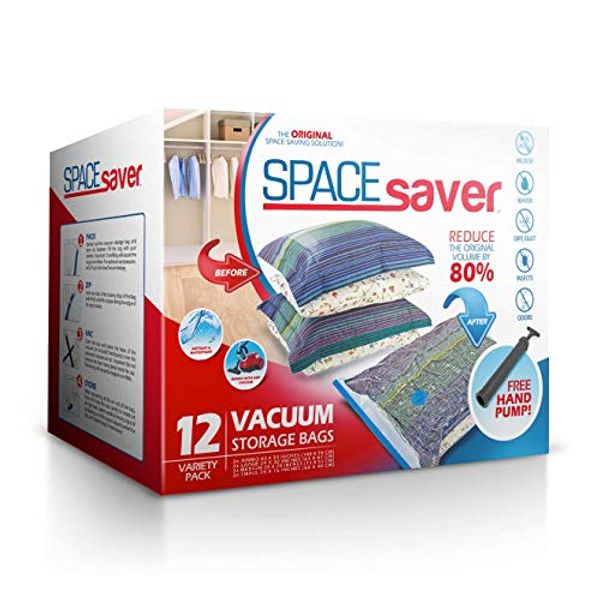 Save £5.00 - Spacesaver Premium Vacuum Storage Bags. 80% More Storage! Hand-Pump for Travel! Double-Zip Seal and Triple Seal Turbo-Valve for Max Space Saving! (Variety 12 Pack)