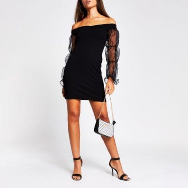 Save 47% - Black bardot orgnza puff sleeve bodycon dress