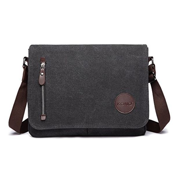 Save 38% - Kono Canvas Messenger Shoulder Bags for Men 13.5 inch Unisex Casual Cross Body Bag Travel Bag for School Travel Work Hiking (Black)