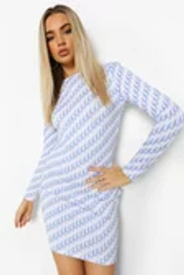 Monogram Print Long Sleeve Mini Dress Now £7.00 at Boohoo