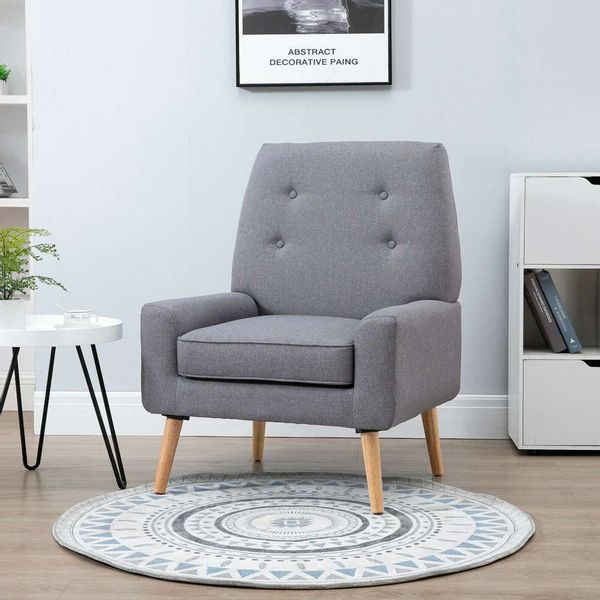Nordic Single Cushion Padded Chair Wooden Armchair Button Tufted Seat Linen