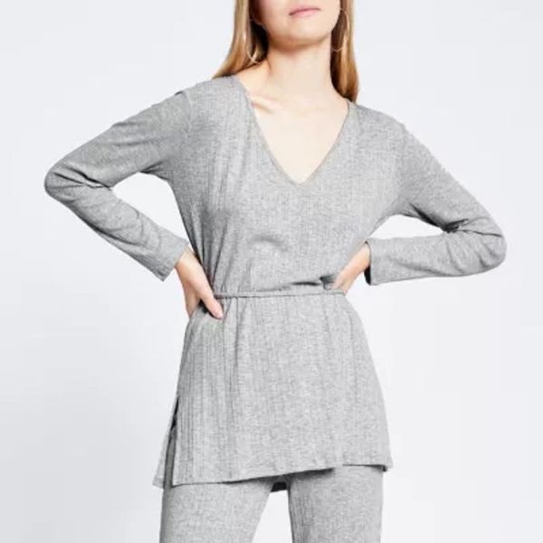 Save 46% - Grey v neck tie waist ribbed tunic top