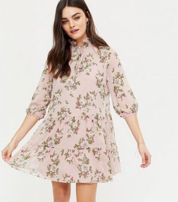 Save 57% - Pink Floral Tie Neck Chiffon Smock Dress