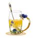 Enamel Glass Mug Flower Crystal Clear Novelty Glass Tea Cup Coffee Cups Travel Mugs Elaborate Flower Handle and Beautiful Spoon for Women Birthday Valentines Wedding Day Gifts (Blue1)