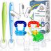 11 Pack Baby Food Feeder Set, Baby Fruit Feeder Pacifier Fresh Food Feeder with 3 Sizes Silicone Pouches, Infant Fruit Teething Toy Includes 3 Baby Finger Toothbrushes and 2 Baby Feeding Spoons