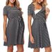 Oalyip Women's Maternity Casual Dress Nursing Midi Dress Short Sleeves Skirt Maternity Nightdresses Grey Stripes Maternity Dress
