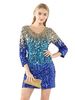 Metme Women's Gradient Sequin Stretchy V Neck Dress, 2/3 Sleeves Embellished Shimmer Glitter Clubbing Party Dress