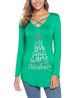 Sykooria Womens Long Sleeve Christmas Shirts Tops Sexy Criss Cross Tunic Reindeer Letter Print Holiday T Shirt Blouses