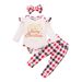 Baby Girl Merry Christmas Clothes Long Sleeve Romper Top and Plaid Pants with Headband 3Pcs Winter Outfits Set