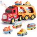 Save 20% - TEMI Carrier-Truck Transport-Car Play-Vehicles Toys - 5 in 1 Friction Power Set w/ Real Siren Sound & Bright Flashing Light, Push and Go Play Vehicles Toys w/ Mini Cartoon Bus/Taxi/Airplane